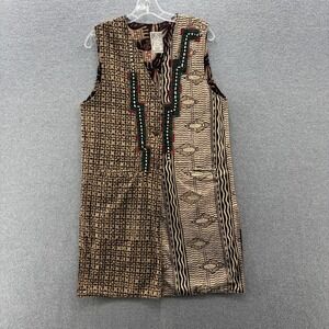 Market Place Vest Women Large Brown Tribal Fish Embroidered Boho Cotton Longline